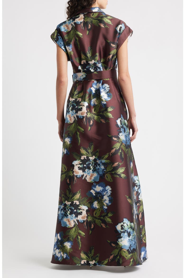 Floral Print Belted Satin Gown, Alternate, color, BROWN MULTI