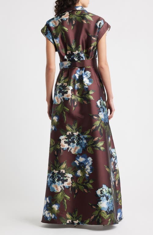 Julia Jordan Floral Print Belted Satin Gown In Burgundy