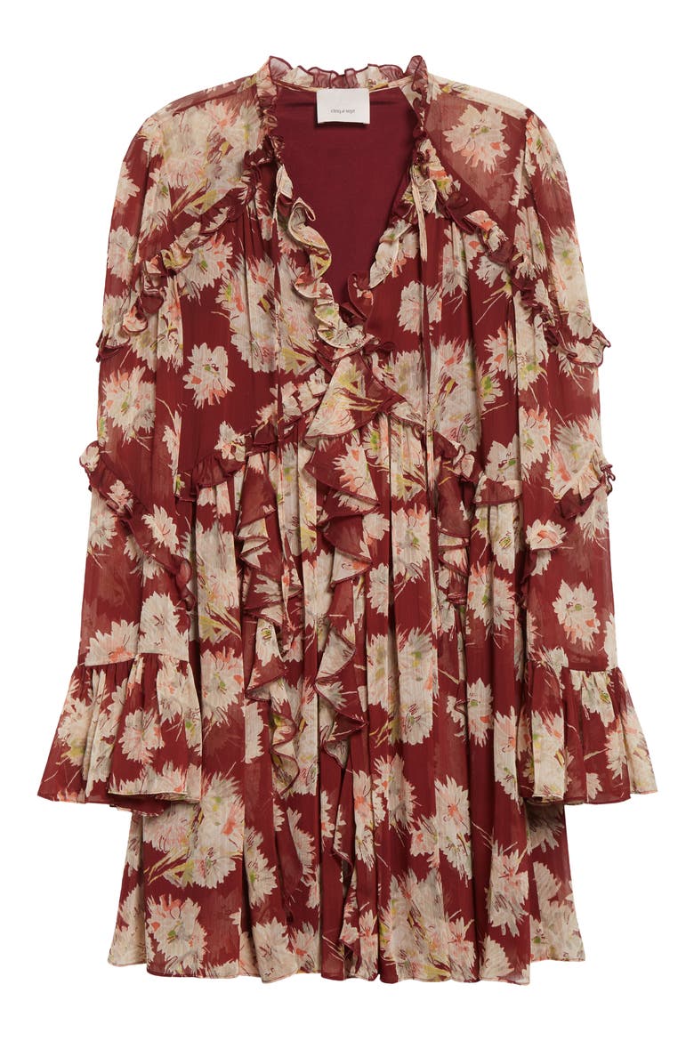 Mae Floral Print Ruffle Long Sleeve Chiffon Minidress, Alternate, color, WINEBERRY MULTI