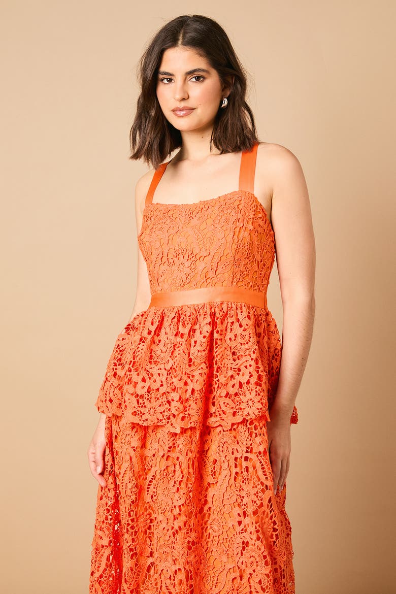 Cross Strap Tiered Lace Midi Dress, Alternate, color, Orange