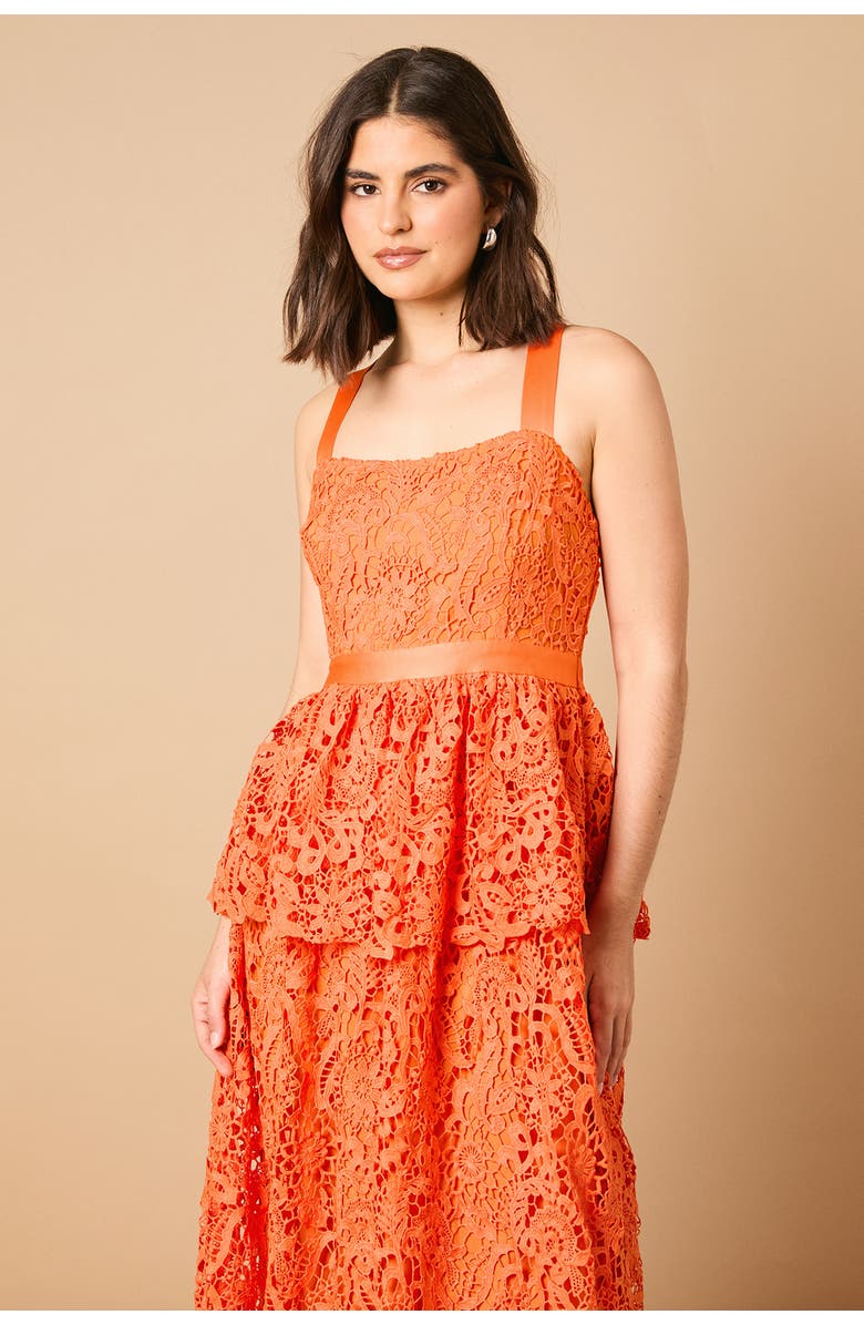 Oasis Cross Strap Tiered Lace Midi Dress, Alternate, color, Orange