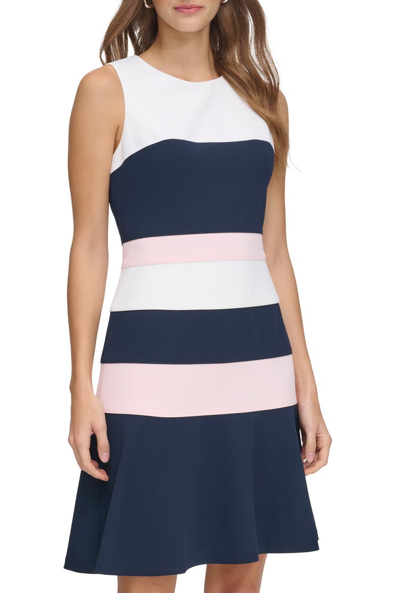 Sleeveless Tri-Tone Colorblock Fit & Flare Dress, Alternate, color, IVORY/SKY PTN/B PINK