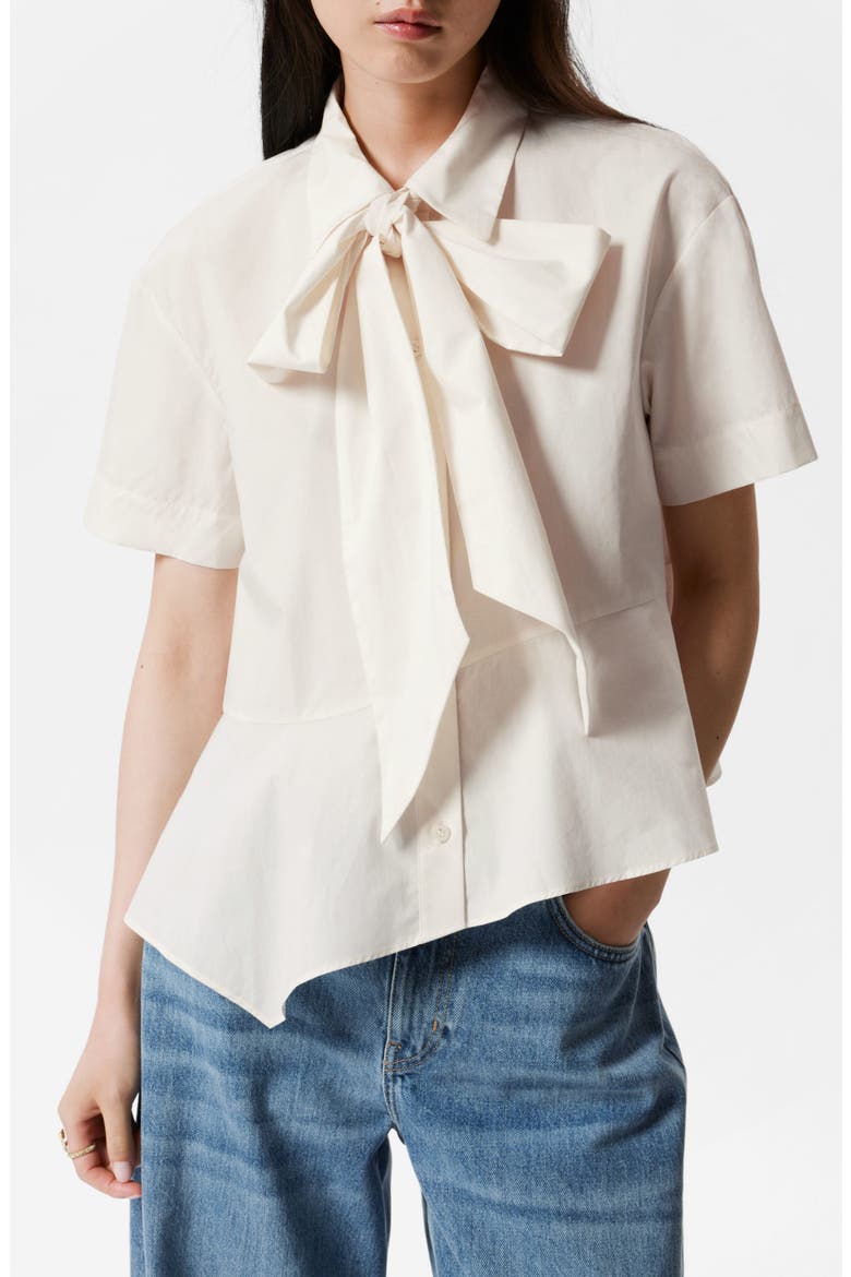 Tie Neck Asymmetric Cotton Button-Up Shirt, Main, color, WHITE DUSTY LIGHT