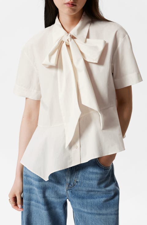 Tie Neck Asymmetric Cotton Button-Up Shirt