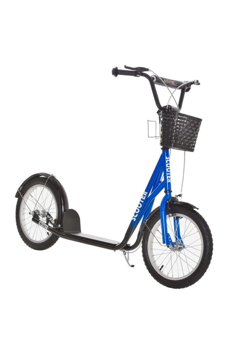 Aosom Youth Kick Scooter with Adjustable Handlebars, Double Brakes, Tires, Basket, Cupholder, Main, color, Blue