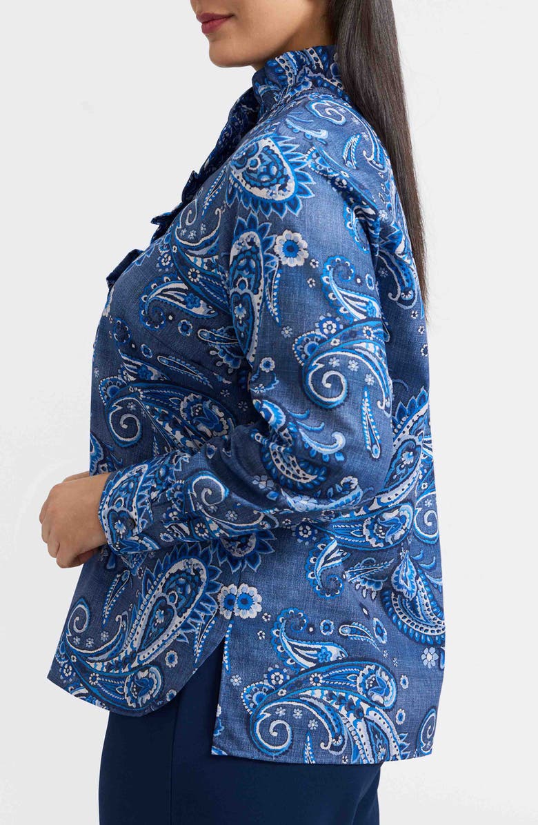 Foxcroft Sadie Paisley Ruffle Cotton Poplin Button-Up Shirt, Alternate, color, Blue Multi
