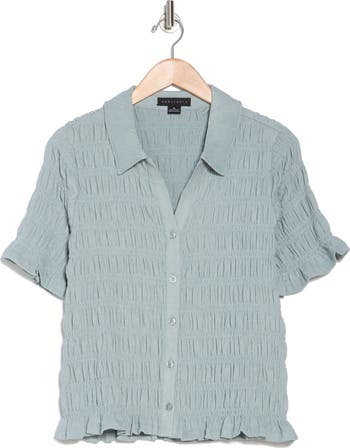 Smocked Short Sleeve Button-Up Shirt