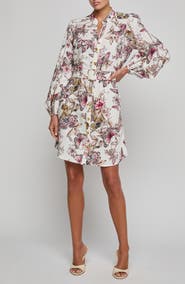 L'AGENCE Kiersten Butterfly & Floral Print Long Sleeve Linen Blend Shirtdress