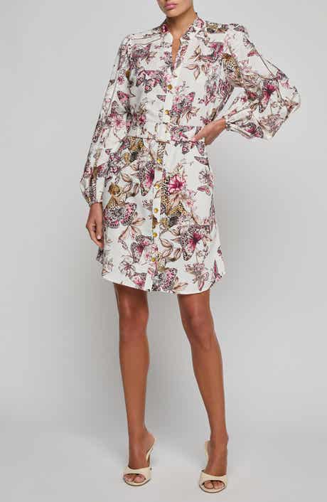 Kiersten Butterfly & Floral Print Long Sleeve Linen Blend Shirtdress