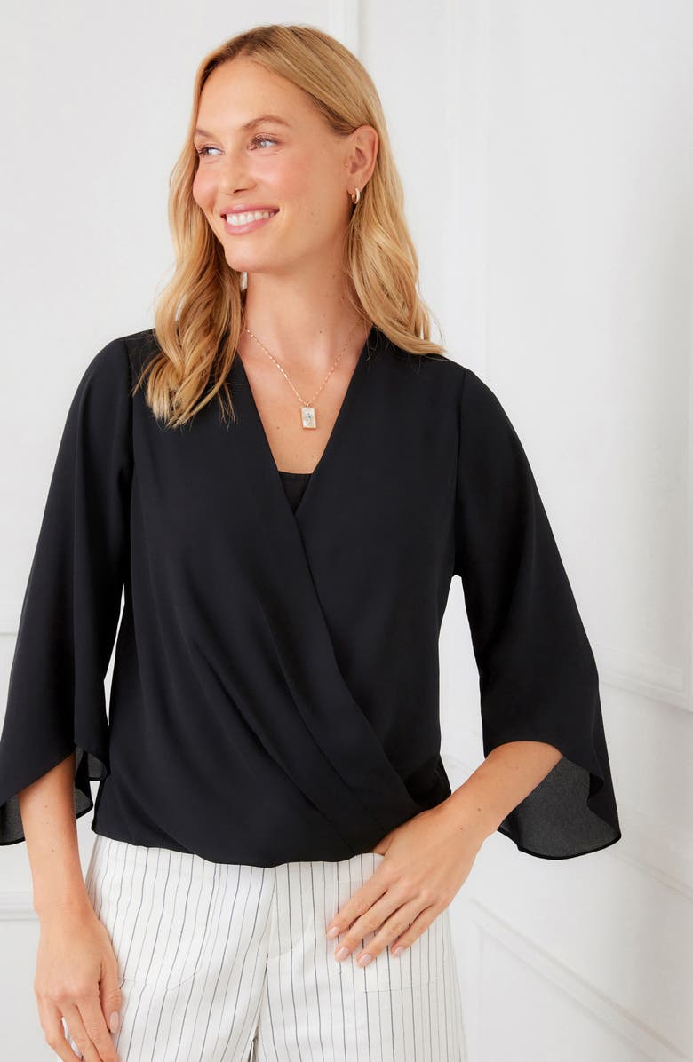 Karen Kane Drape Crossover Crepe Top, Alternate, color, Black