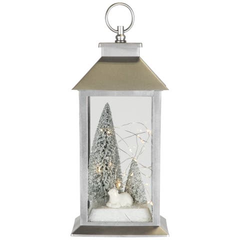 LED Lighted Polar Bear and Flocked Trees Christmas Lantern - 11"