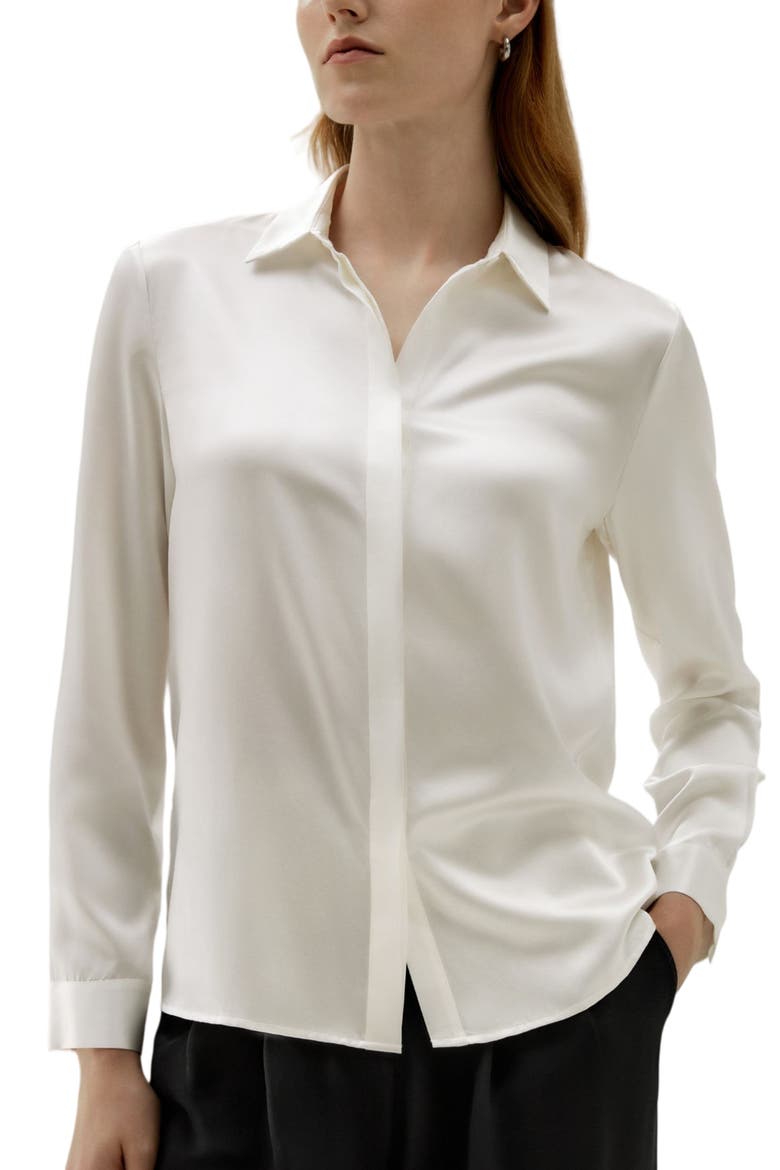 Women's Basic Concealed Placket Silk Shirt, Main, color, Natural white