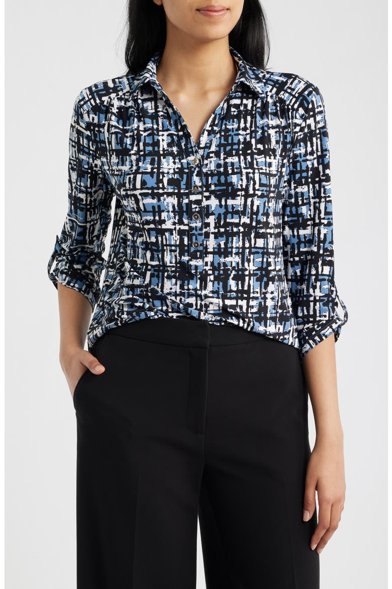 Print Roll-Tabbed Button Front Shirt, Main, color, DUTCH BLUE MULTI