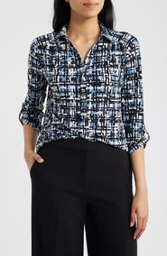 AK ANNE KLEIN Print Roll-Tabbed Button Front Shirt