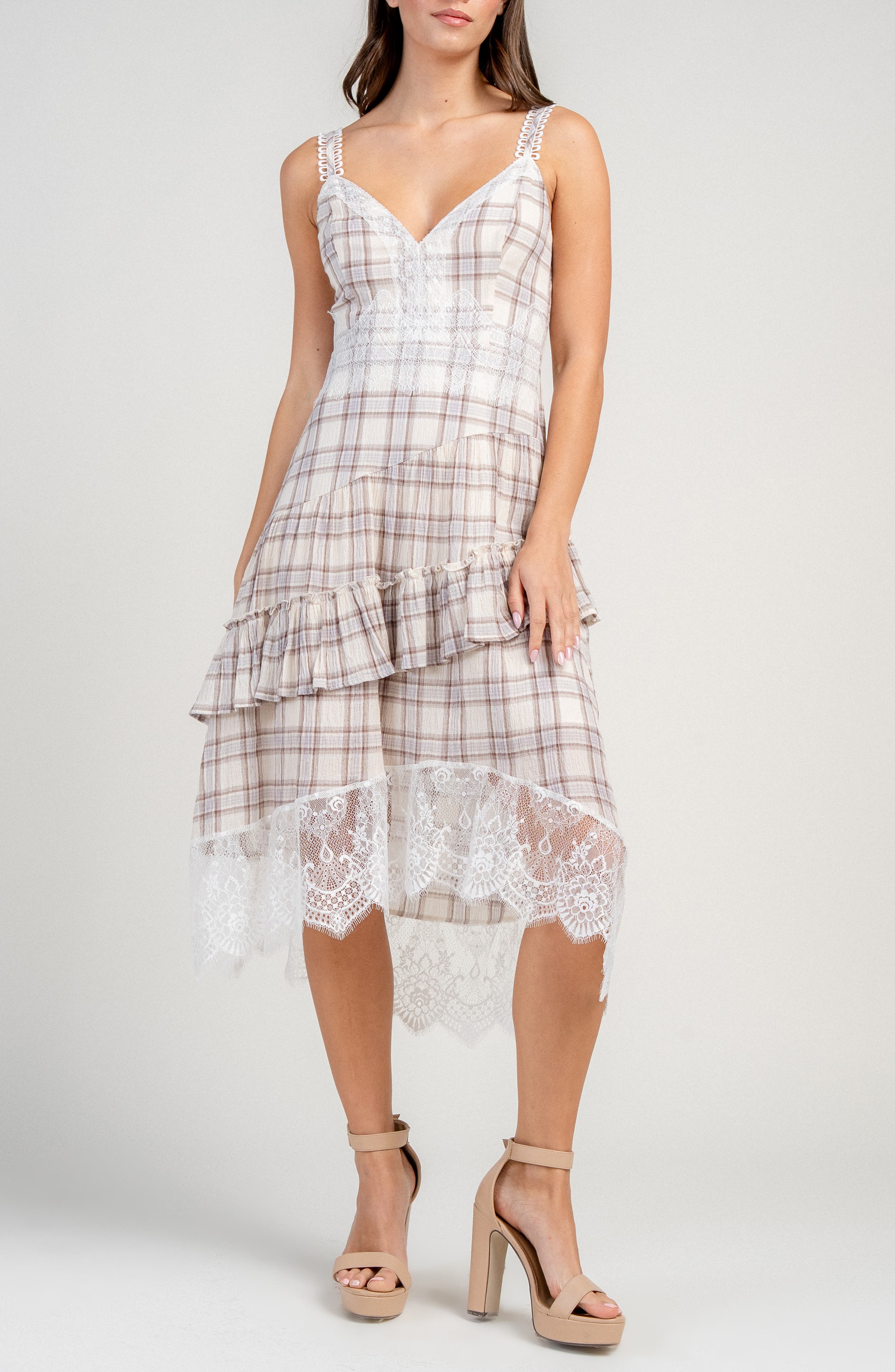 Beivy Plaid Lace Trim Asymmetric Hem Dress