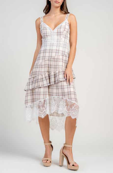 Beivy Plaid Lace Trim Asymmetric Hem Dress