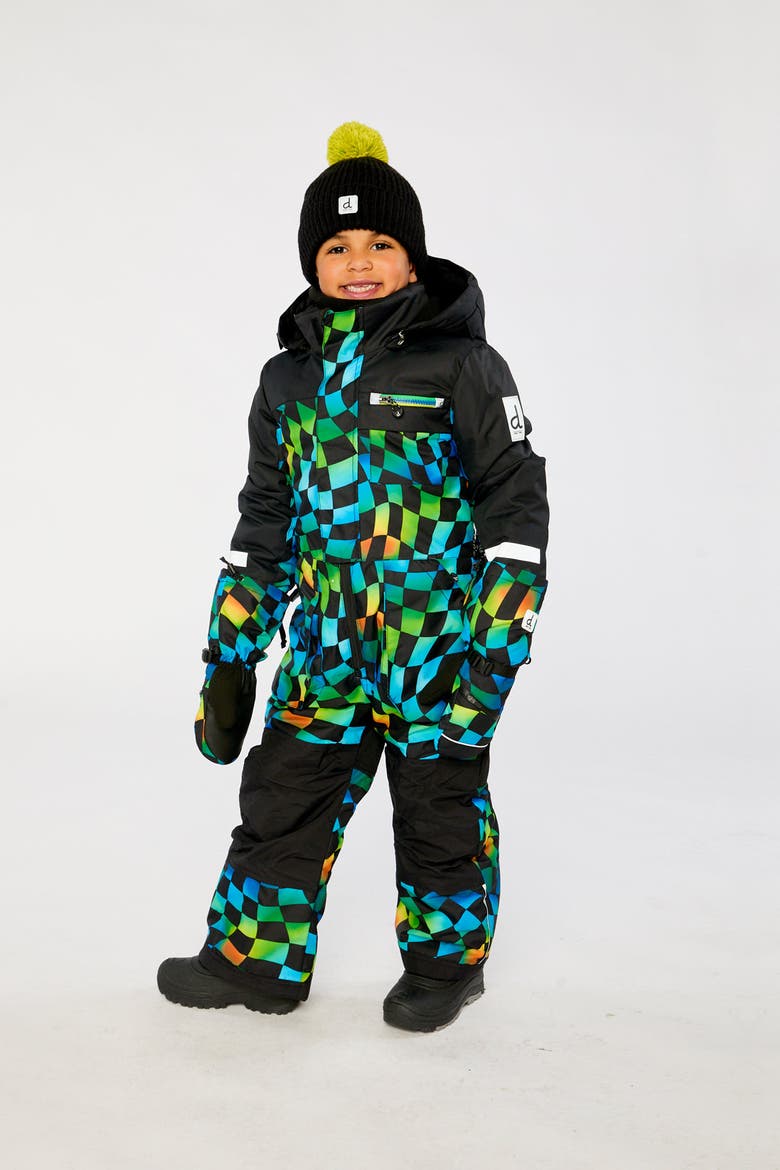 Play Checkered Detachable Hood Fleece Neckwarmer One Piece Snowsuit, Alternate, color, Blue Checkered Print
