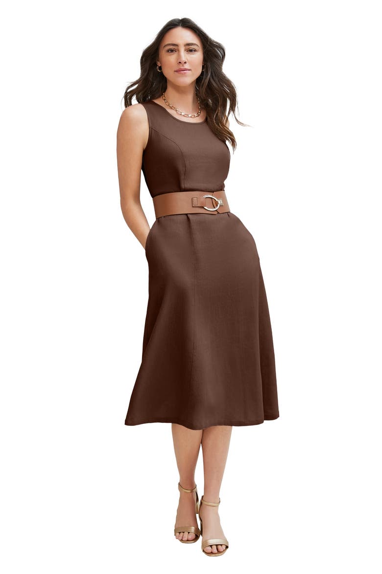 Linen Fit & Flare Dress, Main, color, RICH BROWN