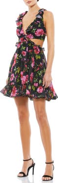Mac Duggal Floral Ruffle Cut Out Lace Up Flowy Mini Dress