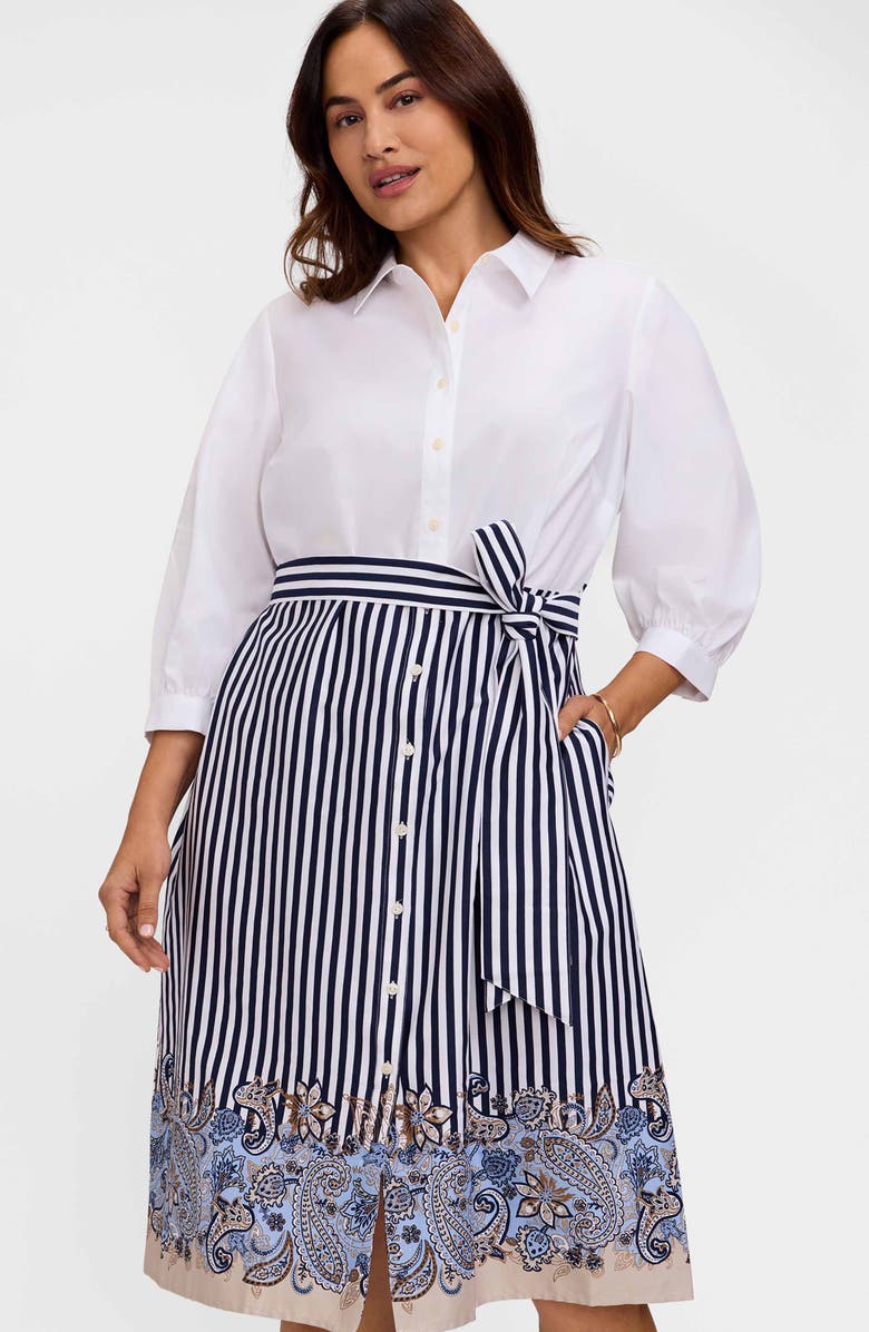 Foxcroft Esther Belted Stripe & Paisley Print Shirtdress, Alternate, color, White Multi