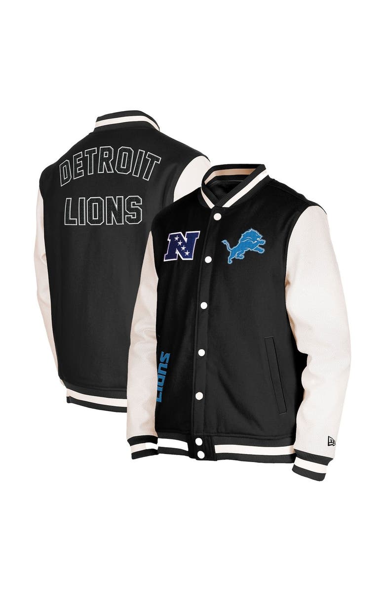 New Era Men's New Era  Black Detroit Lions Third Down Varsity Full-Snap Jacket, Main, color, 