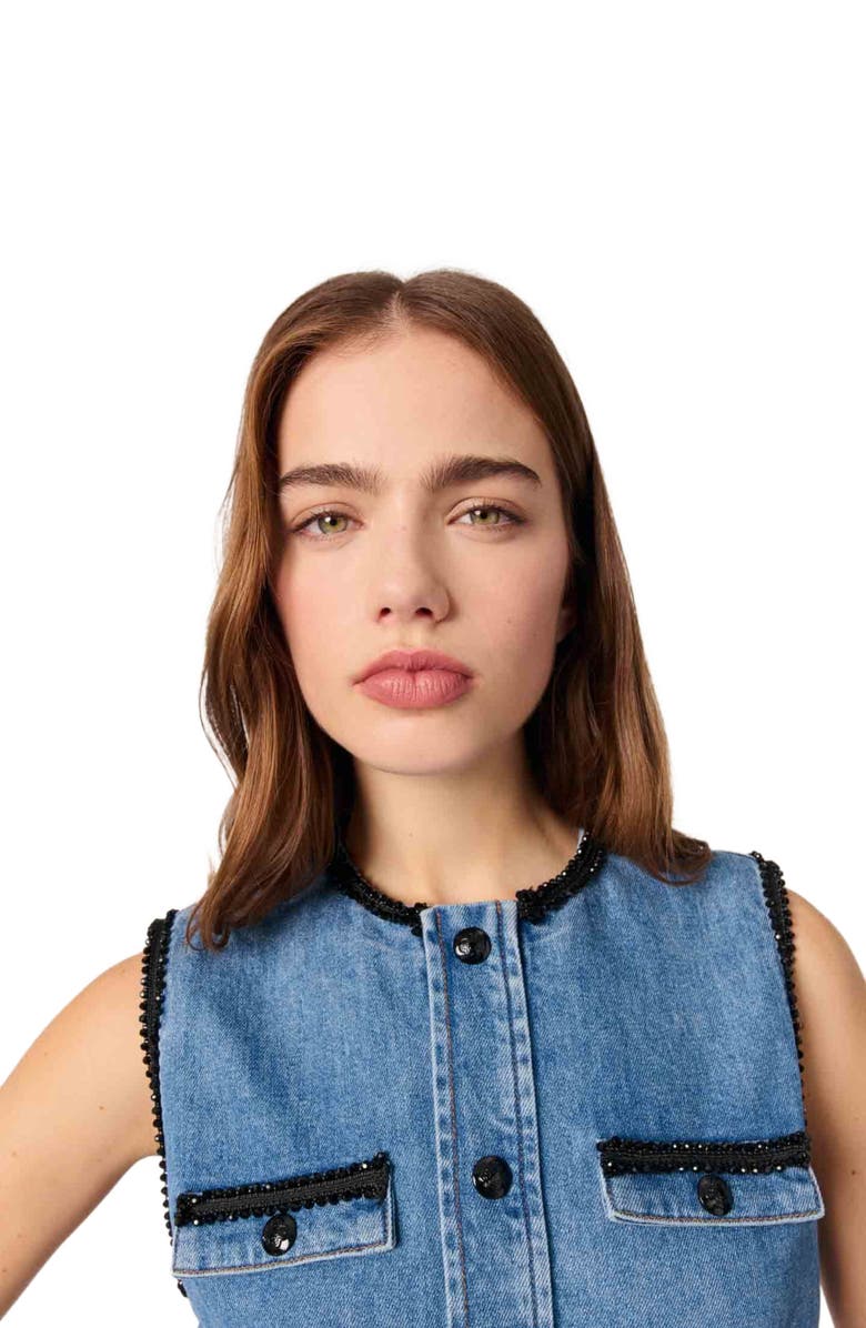 maje Denim dress with embroidered trim, Alternate, color,