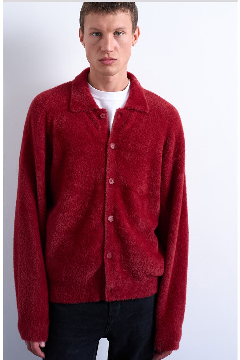 Fluffy Collared Cardigan, Main, color, BURGUNDY