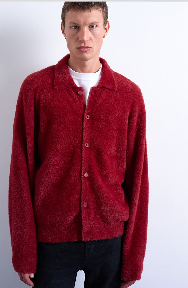 Topman Fluffy Collared Cardigan, Main, color, Burgundy