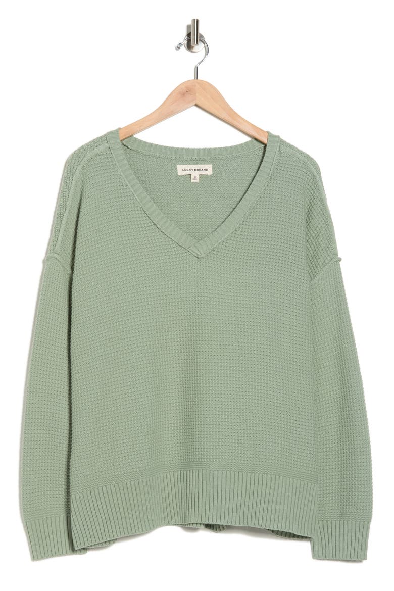Textured V-Neck Cotton Blend Sweater, Alternate, color, LILY PAD