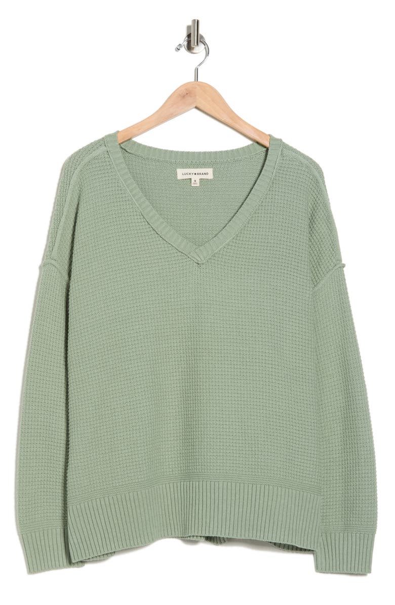 Lucky Brand Textured V-Neck Cotton Blend Sweater, Alternate, color, Lily Pad