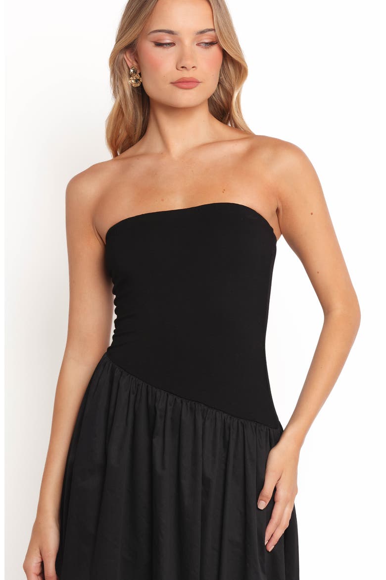 Annalyse Strapless Bubble Hem Mixed Media Midi Dress, Alternate, color, BLACK