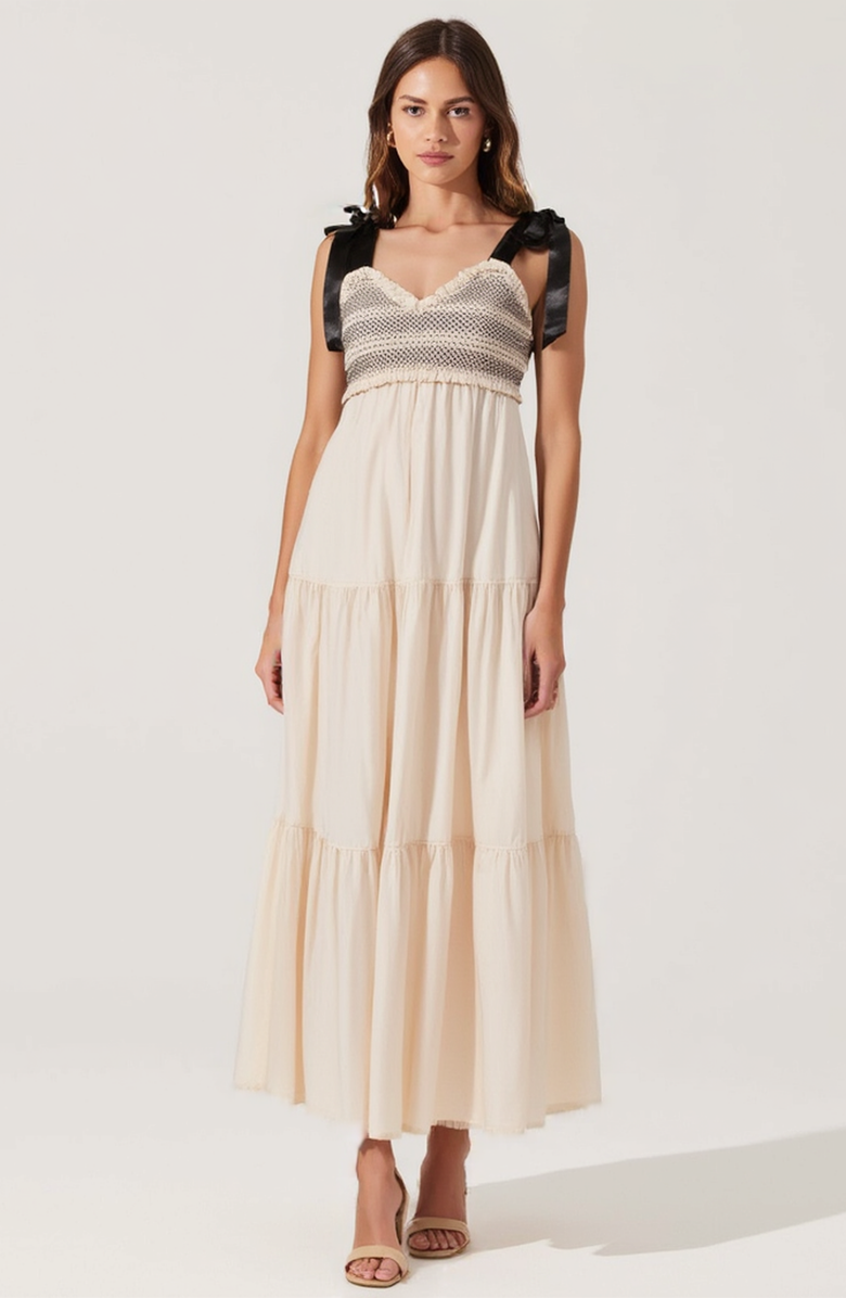 Modenaire Smocked Lace-Trim Maxi Dress with Satin Bow-Tie Straps, Alternate, color, Beige / Black