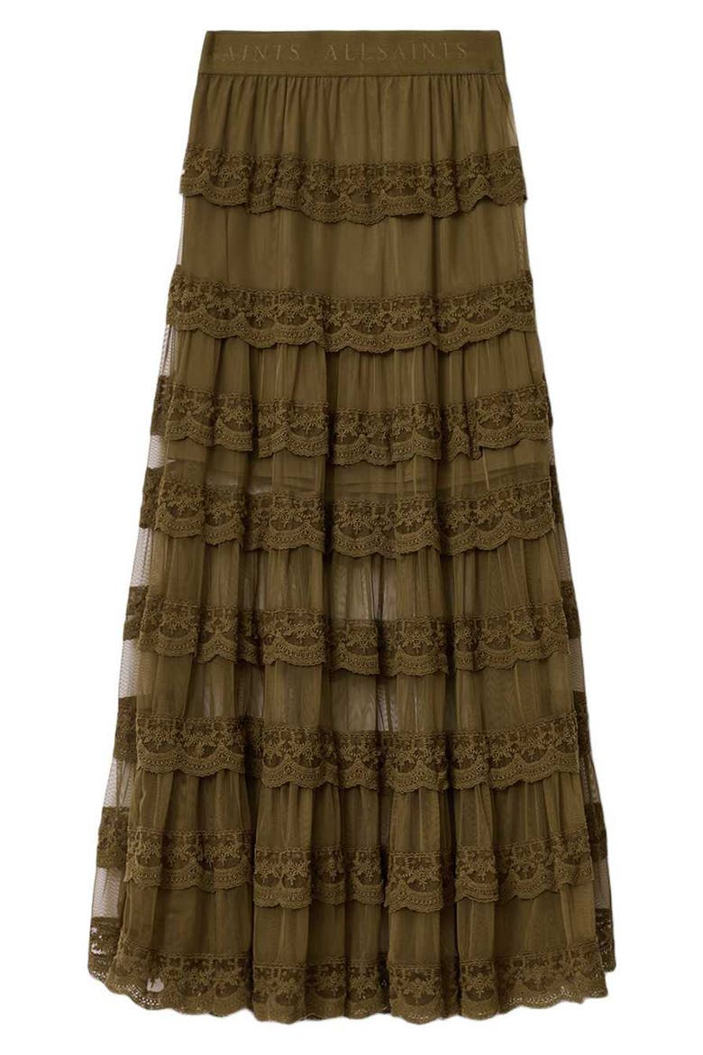 Maggie Lace Ruffle Maxi Skirt, Alternate, color, OLIVE KHAKI GREEN