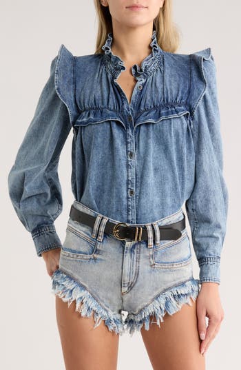 Isabel Marant Étoile Idety Ruffle Denim Button-up Shirt In Blue