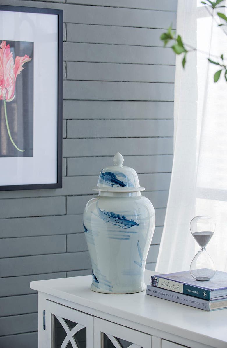 A & B Home Koi Porcelain Lidded Jar, Alternate, color, White
