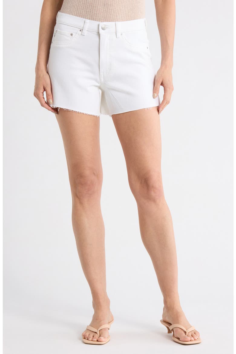 Zoie Raw Hem Mid Rise Relaxed Denim Shorts, Main, color, WHITE RAW