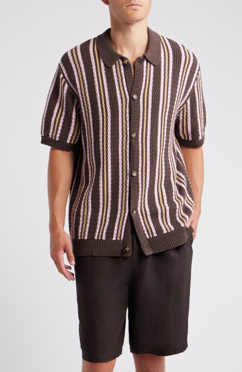 Textured Stripe Short Sleeve Cotton Cardigan