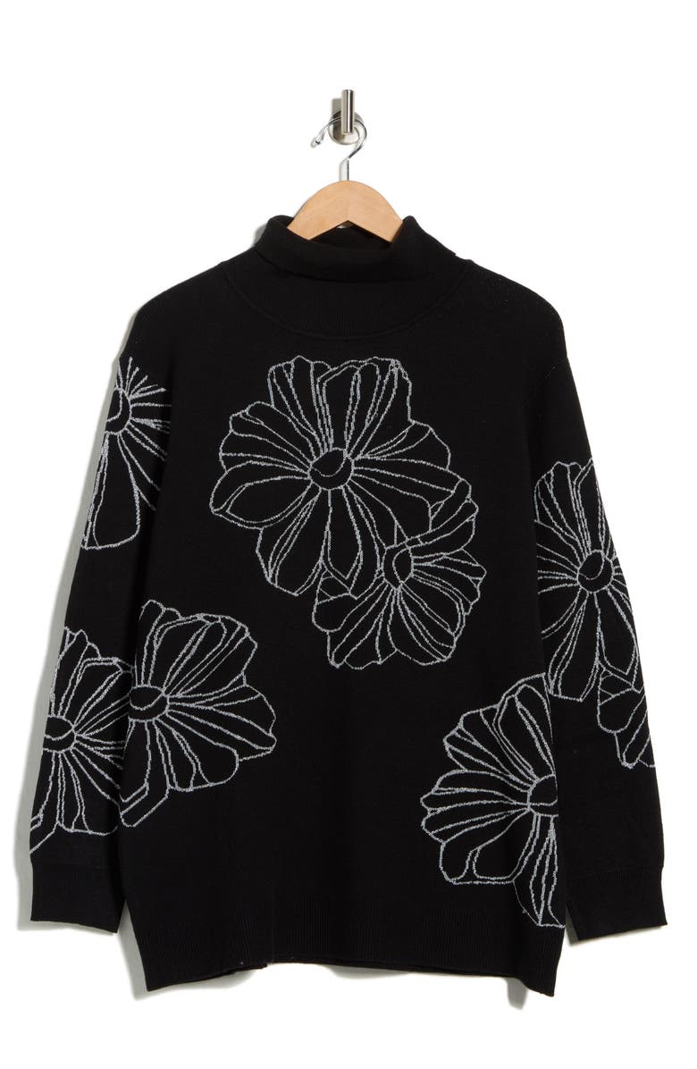 Joseph A Placed Floral Oversize Turtleneck Sweater, Alternate, color, Floral Outline Black