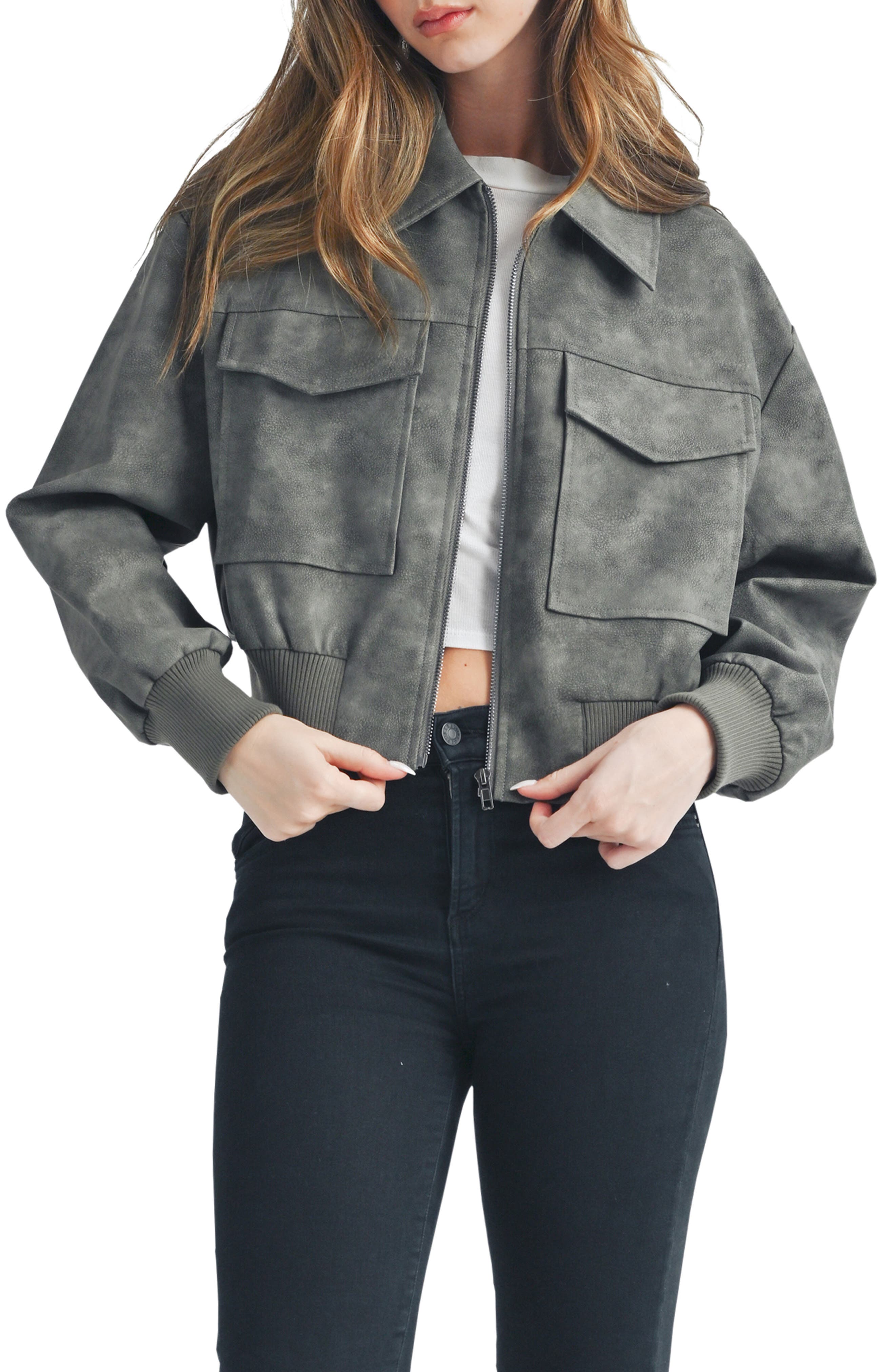 All in Favor Faux Leather Bomber Jacket in Charcoal 