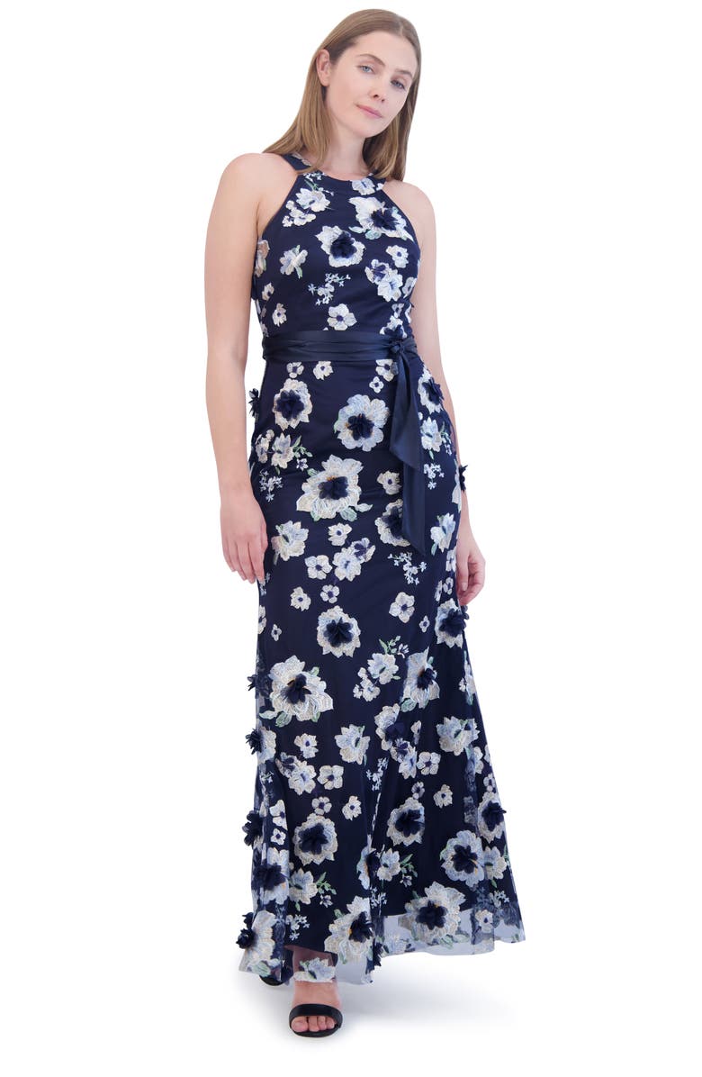 Eliza J Embroidered Floral Appliqué Halter Neck Gown, Alternate, color,