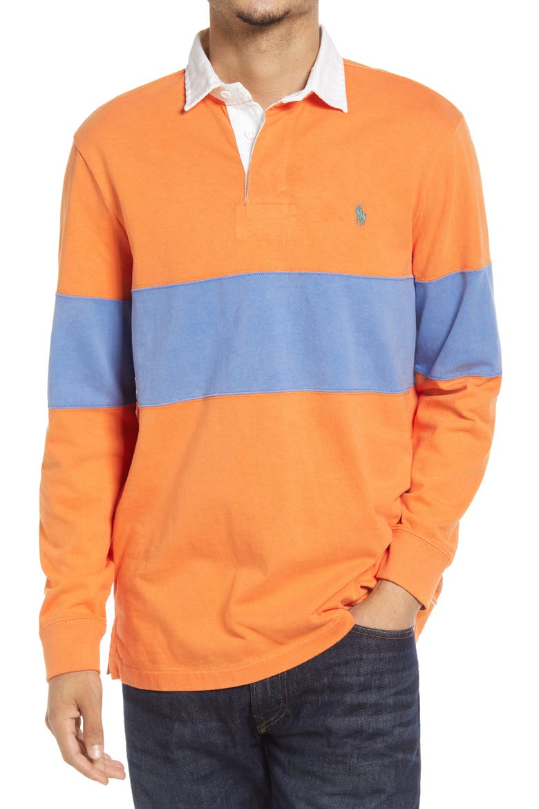 Stripe Long Sleeve Cotton Polo, Main, color, KONA ORANGE/ DEEP BLUE