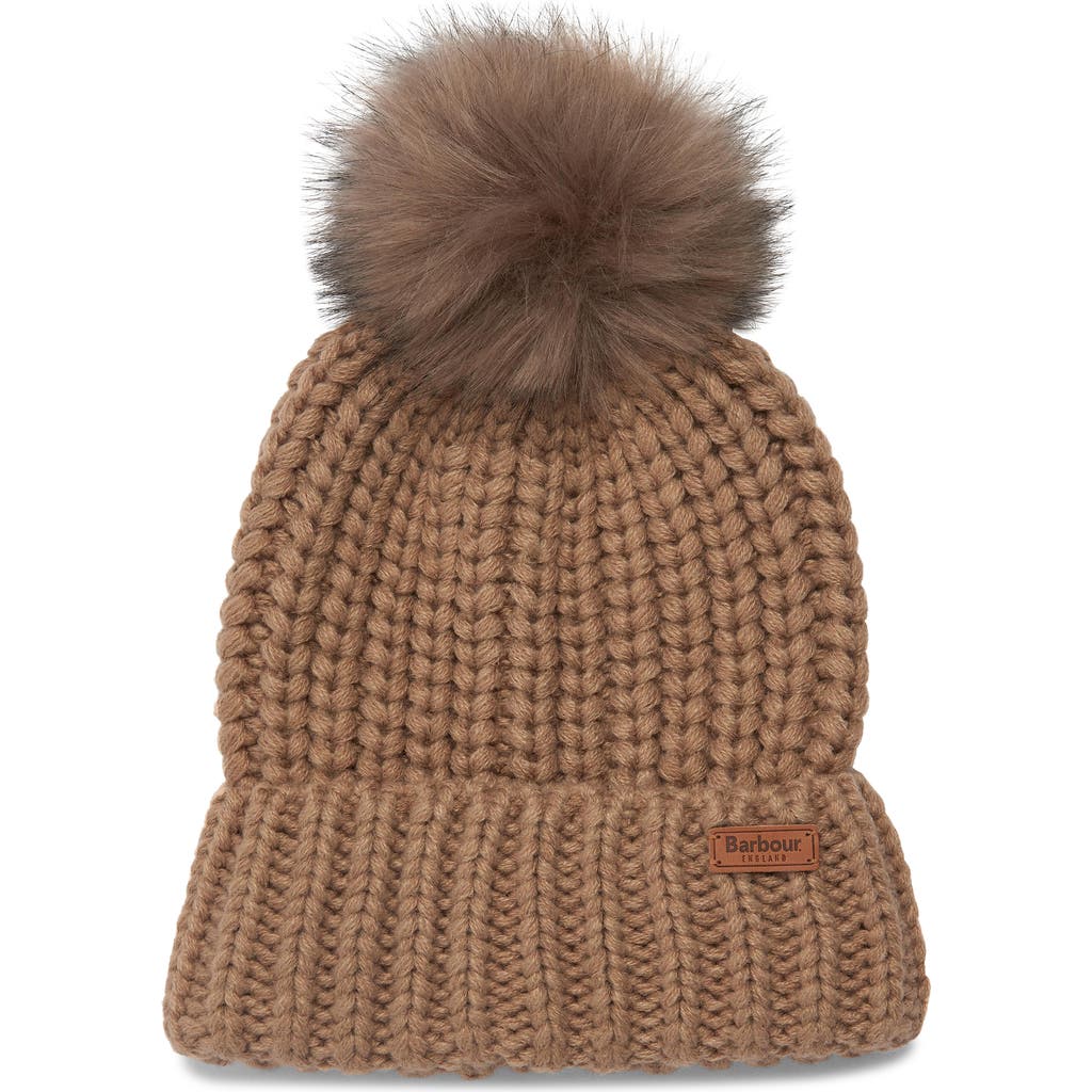 Barbour Saltburn Knit Beanie With Faux Fur Pom In Brown