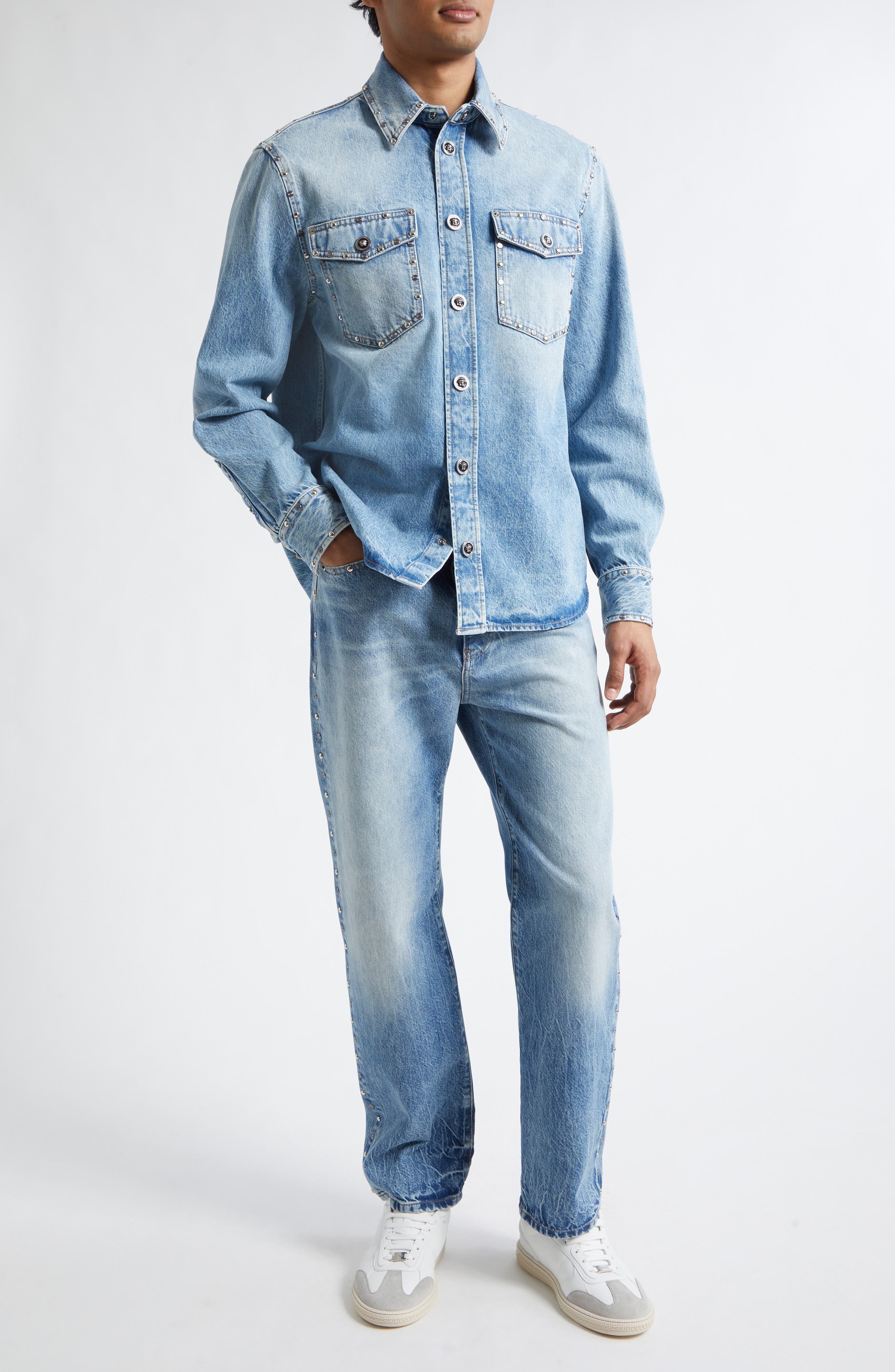 Medusa Studded Denim Button-Up Shirts - image 2