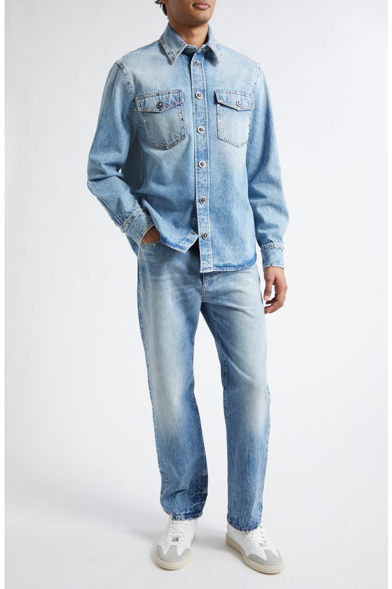 Medusa Studded Denim Button-Up Shirts, Alternate, color, LIGHT BLUE