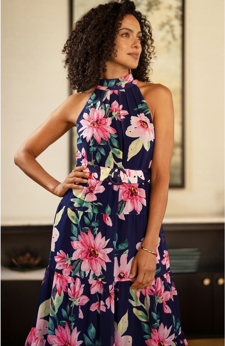 Yumi Floral Halter Neck Midi Dress, Alternate, color, Navy