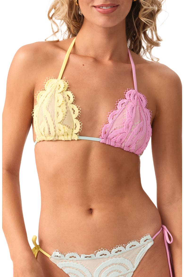 Colorblock Lace Triangle Bikini Top, Main, color, SWEET PEA