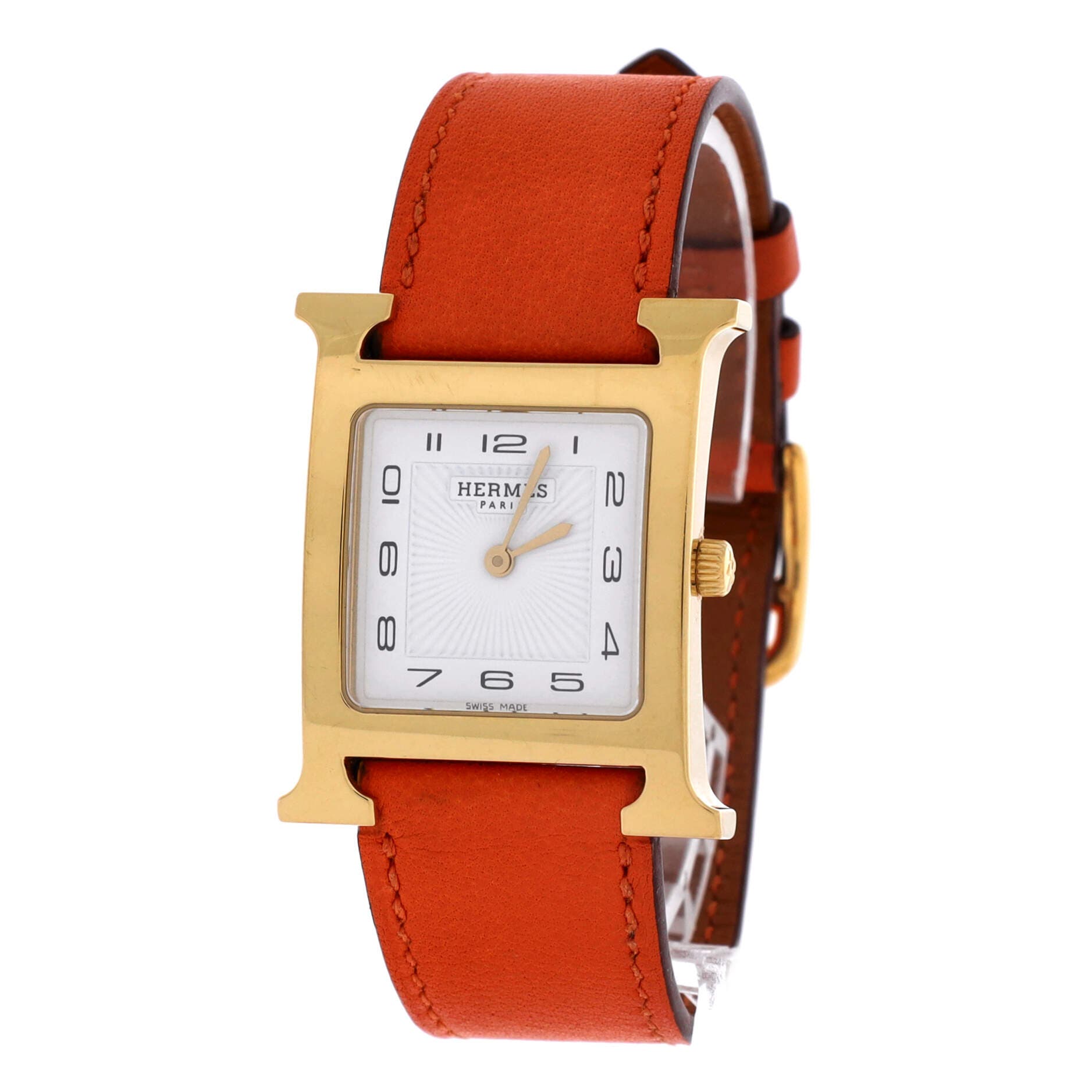 Pre-Owned Hermes Heure H Quartz Watch Plated Metal and Leather 26, Alternate, color, Orange