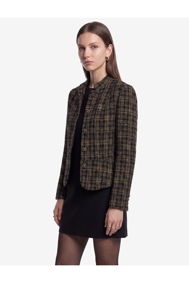 Mandarin Collar Long Sleeve Plaid Tweed Jacket, Alternate, color, BROWN CHECK