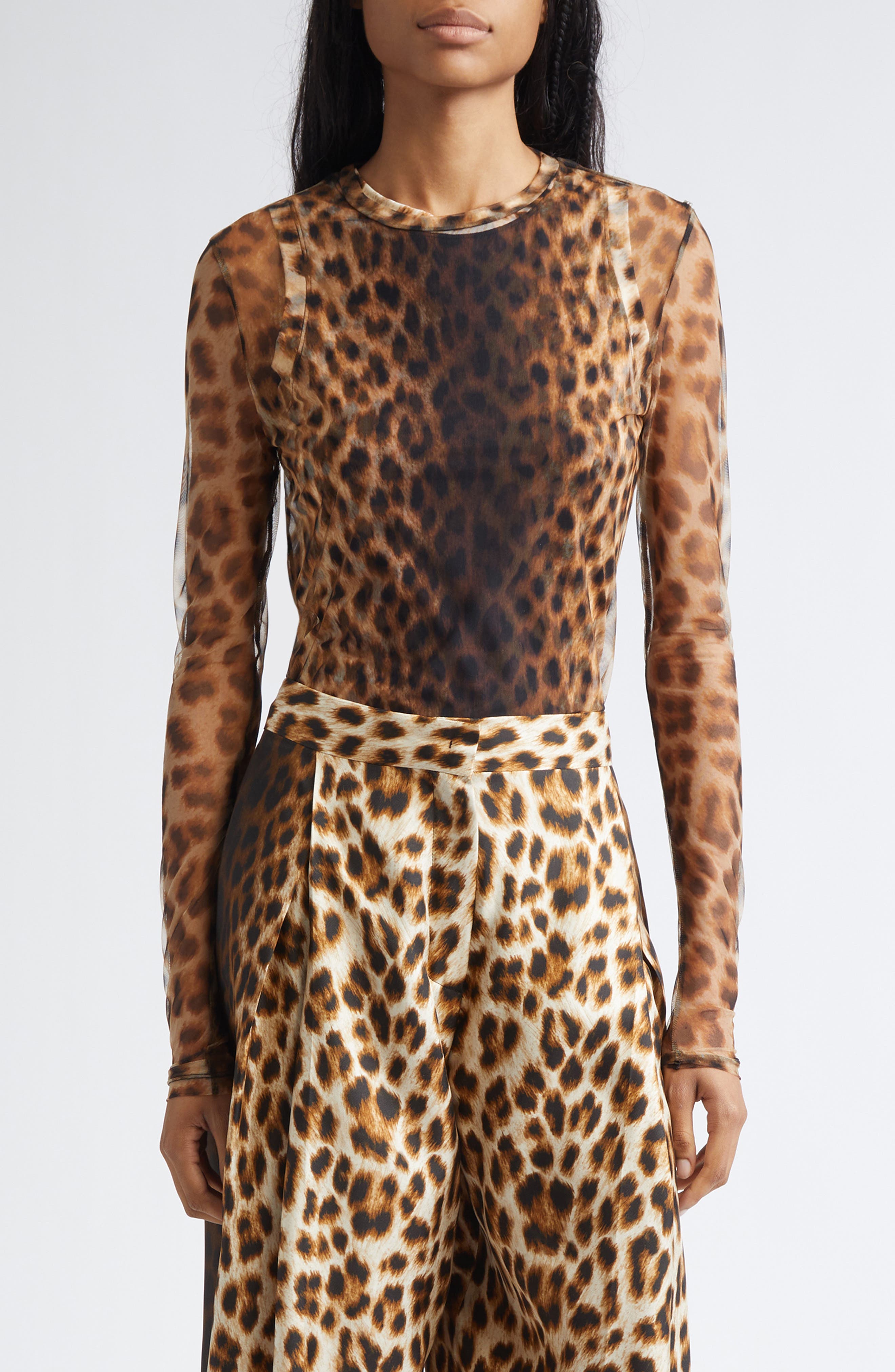 Ebu Leopart Print Layered Mesh Top