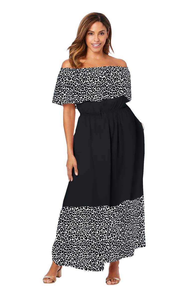 Jessica London Off-The-Shoulder Maxi Dress, Main, color, Black White Cheetah